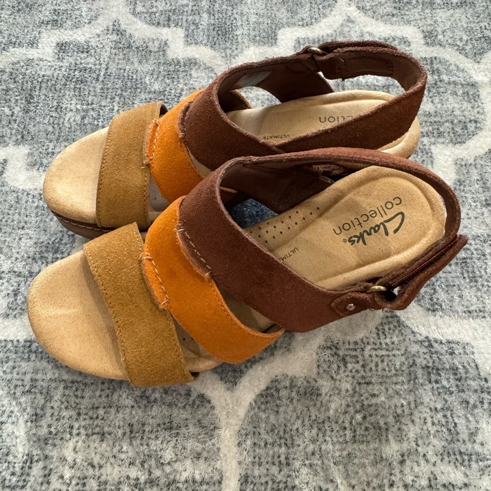 Clarks Brown and Orange Suede Wedge Sandals